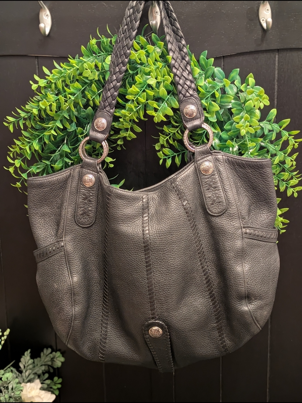 Black Leather Braided-Handle Brighton Hobo Bag